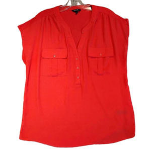 Women's George Plus Hot Salmon Sleeveless  V-Neck Semi-Button Blouse in Size 1X